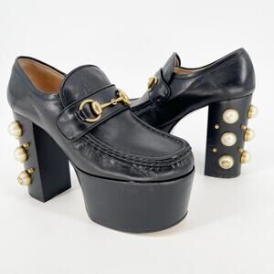 Gucci Black Vegas Horsebit Pearl Studded Platform Loafer Block Heel Pump EU 36.5
